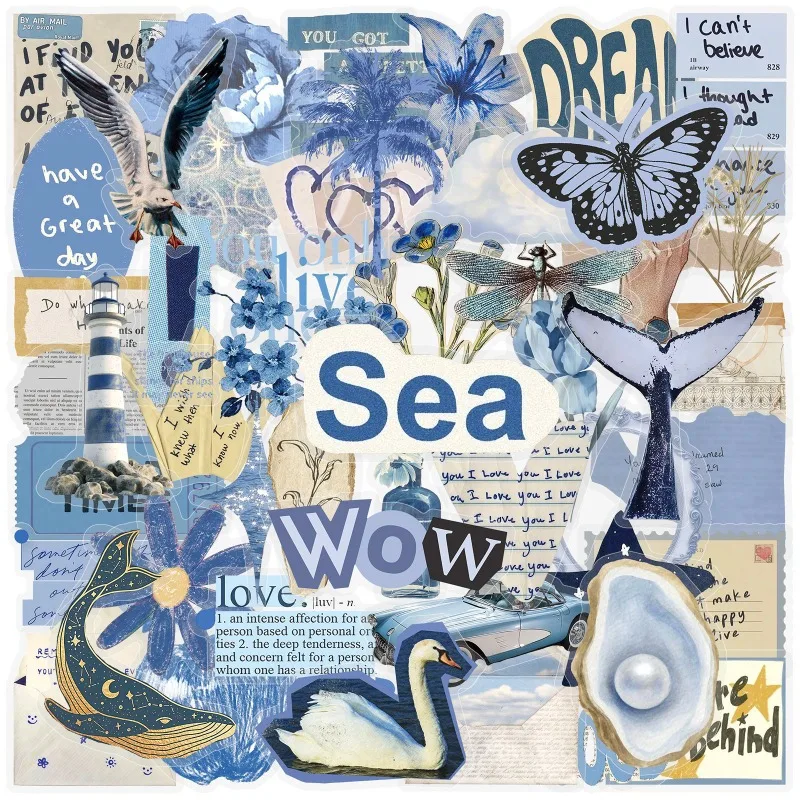 50PCS Aesthetic Blue Ocean Life Stickers Graffiti Stickers for DIY Fridge Suitcase Scrapbooking Phone Laptop Stationery Decals