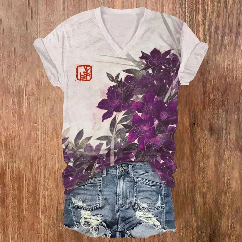 Japanese Elegant Lily Rock Art Pattern Print Short Sleeved V-neck T-shirt Summer Women's T Shirts
