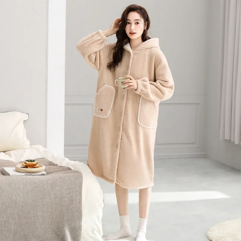 Couple Sleepwear Fall Winter Women\'s Coral Velvet Thick Velvet Hooded Nightgown Large Size Flannel Home Wear Both Men Women