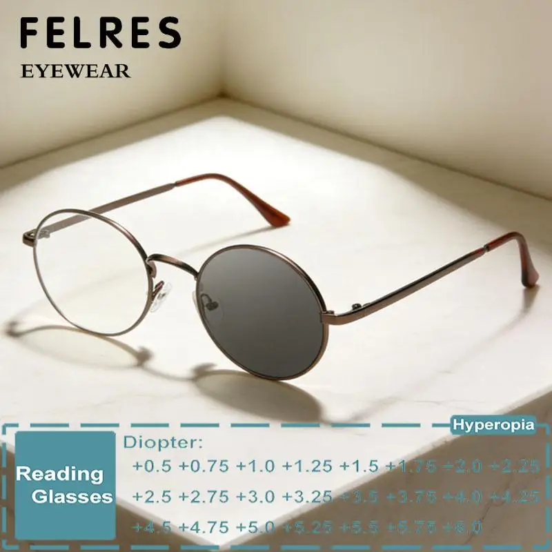 Lunettes de lecture photochromiques rondes en métal pour hommes et femmes, lunettes presbytes finies