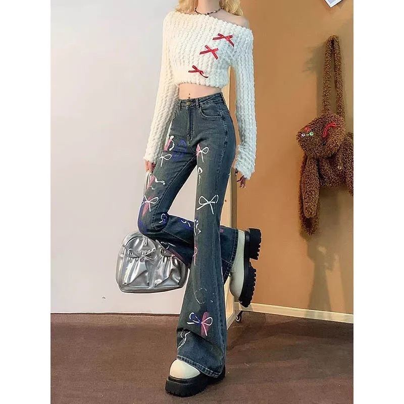 

Bow Graffiti Micro-la Jeans Female Spring Autumn New Spice Girls Slim Comfortable Slim High Waist Trumpet Horseshoe Long Pants