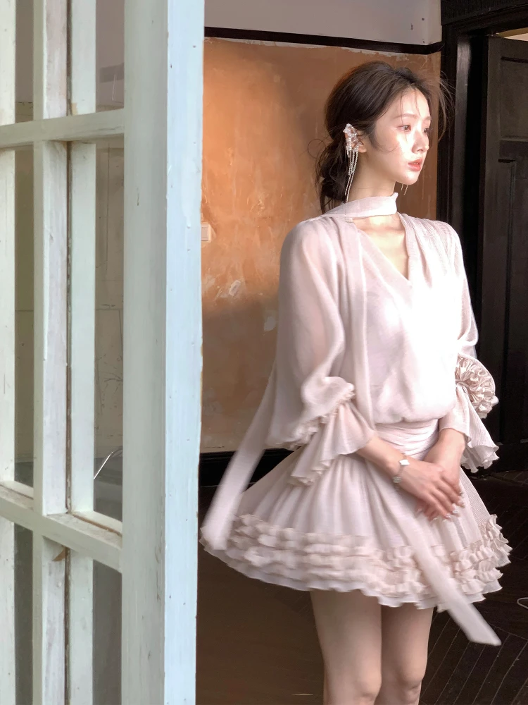 Ele  Knot Dr with Lace Trim Flower Bud ort Skirt Gentle Personali High Waist A-Line Silhouette Spring Sum...