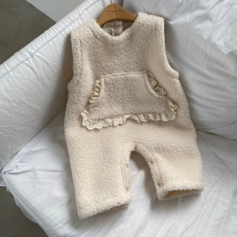 Baby Clothing Kids Casual Autumn and Winter Romper Korean Style Velvet Strap Thick Warm Fashionable Sweet Sleeveless Jumpsuit