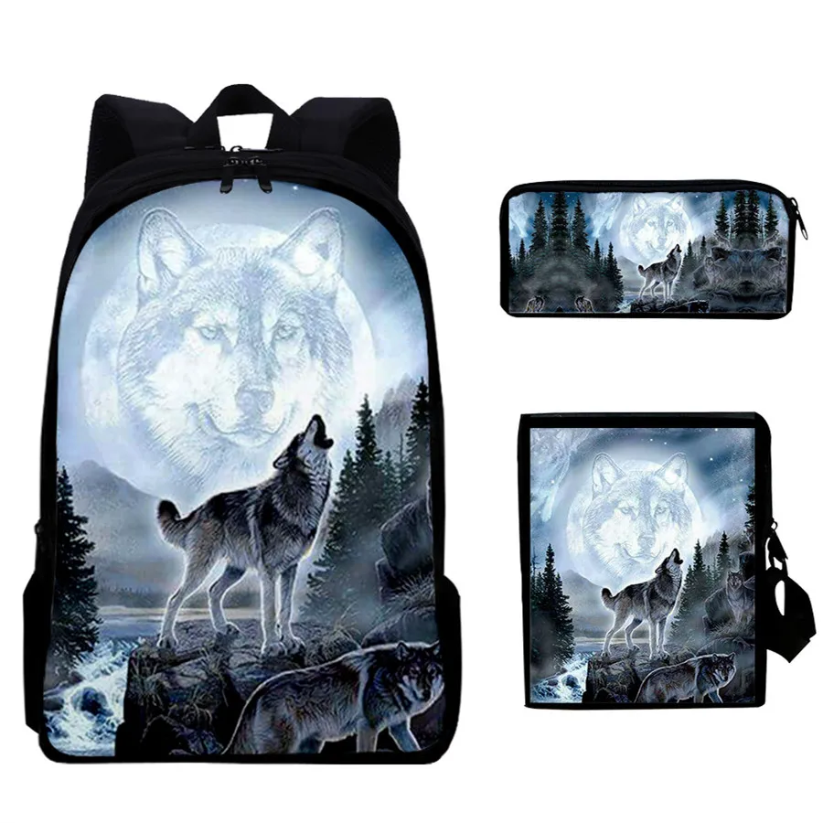 

3pcs/Set Backpack Harajuku Moon Wolf 3D Print School Student Bookbag Anime Laptop Daypack Lunch Bag Pencil Case