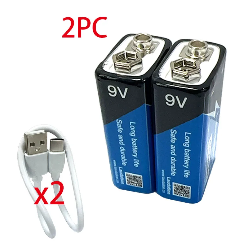 1-8PC 9V Battery 1100mAh Li-ion Rechargeable Battery Type-C Battery USB Li-ion for Multimeter Microphone Toy +USB Charging Cable