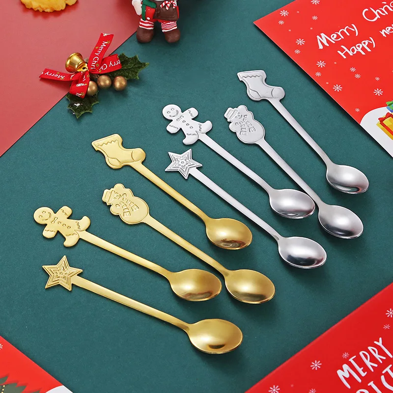 4Pcs Stainless Steel Snowman Stocking Snowflake Pattern Dessert Spoon Christmas Coffee Spoons  Tableware Xmas New Year Gift Box