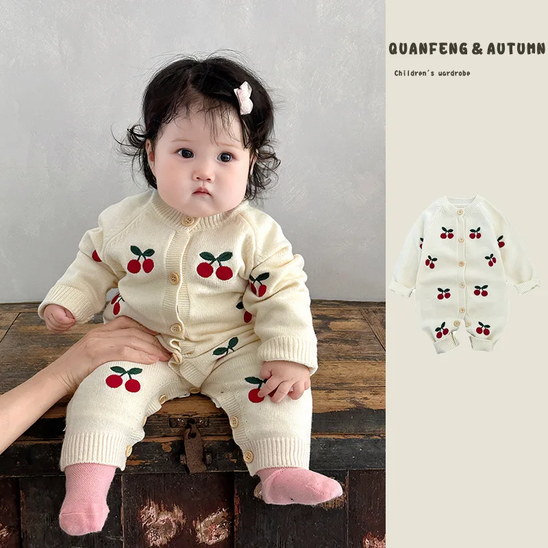 2026 Autumn Baby Girls Cute Sweet Cherry Knitting Overalls Infant Jumpsuit Romper
