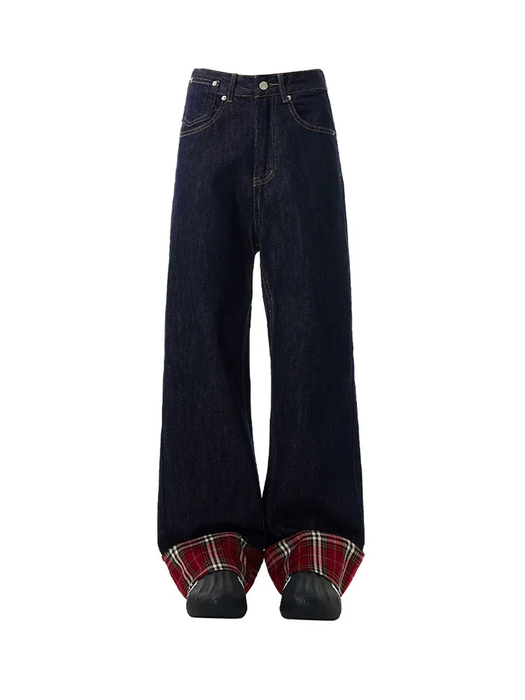 

Новые дизайнерские клетчатые лоскутные джинсы в американском стиле, женские винтажные широкие брюки с высокой талией, летние свободные повседневные облегающие джинсовые брюки