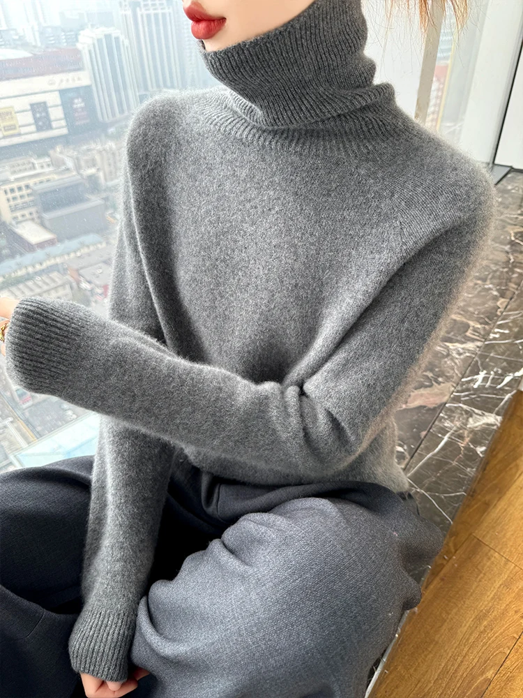 

Autumn Winter 100% Merino Wool Knitwear Women's Turtleneck Solid Color Basics Pullover Office Lady Thick Soft Warm Sweater Tops