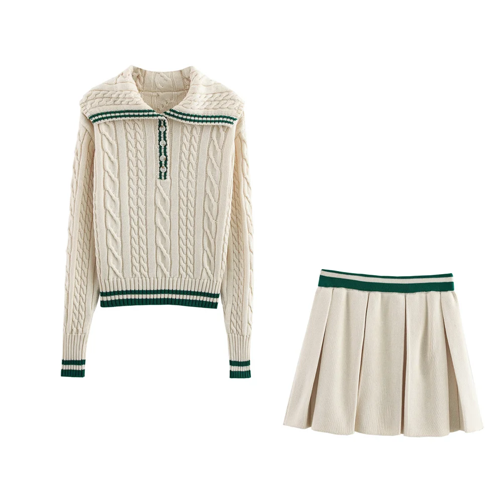 Taop&Za Women's Spring New Eight Leg Weaving Style Simple Collar Long Sleeve Knitted Shirt High Waist Simple Knitted Mini Skirt