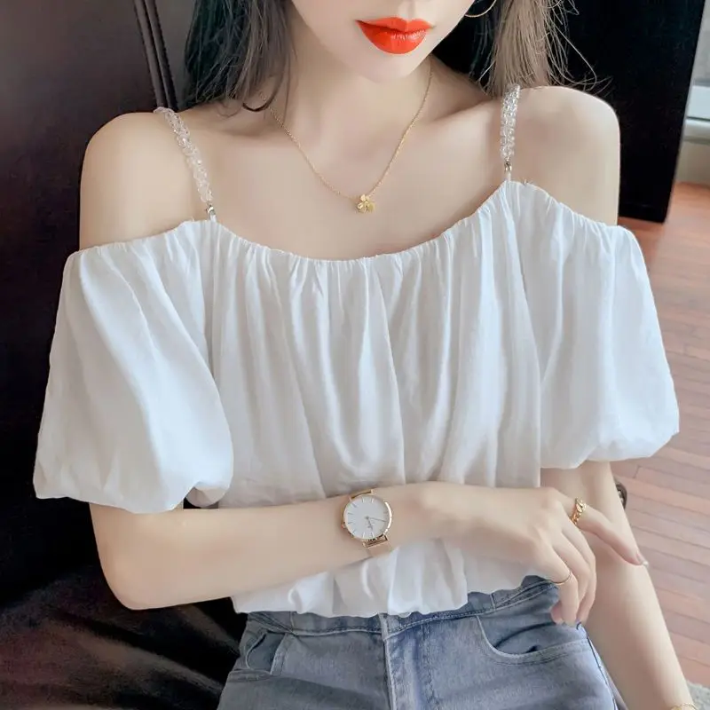 Women Summer Fashion Loose Casual Solid Color Chiffon Slash Neck Short Sleeve Camis Women Clothes Office Lady All-match Top Tee