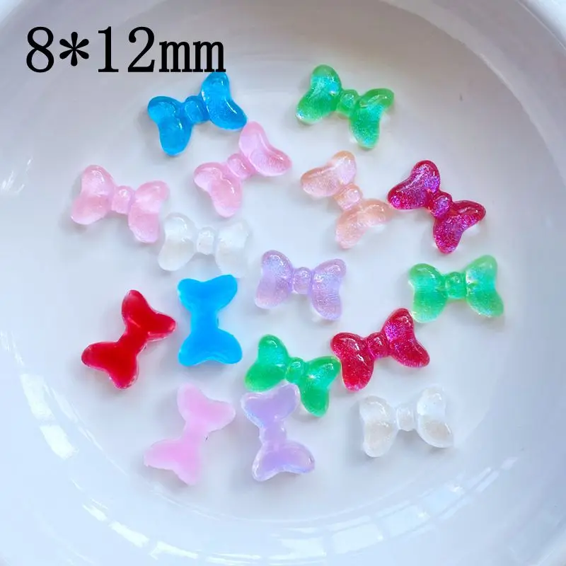 50Pcs New Cute Mini 8*12mm Shiny Bow Resin Figurine Crafts Flatback Ornament Jewelry Making Hairwear Accessories