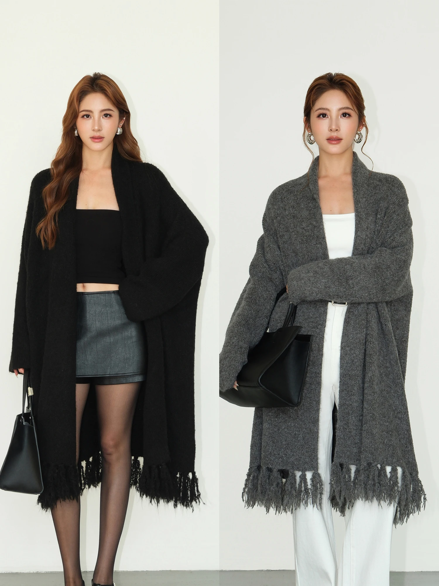 

Ele Open Cardigan Knitted Loose Women's Sweater with Tassel Robe Collar High End Feeling Long Sve Winter Outerwear