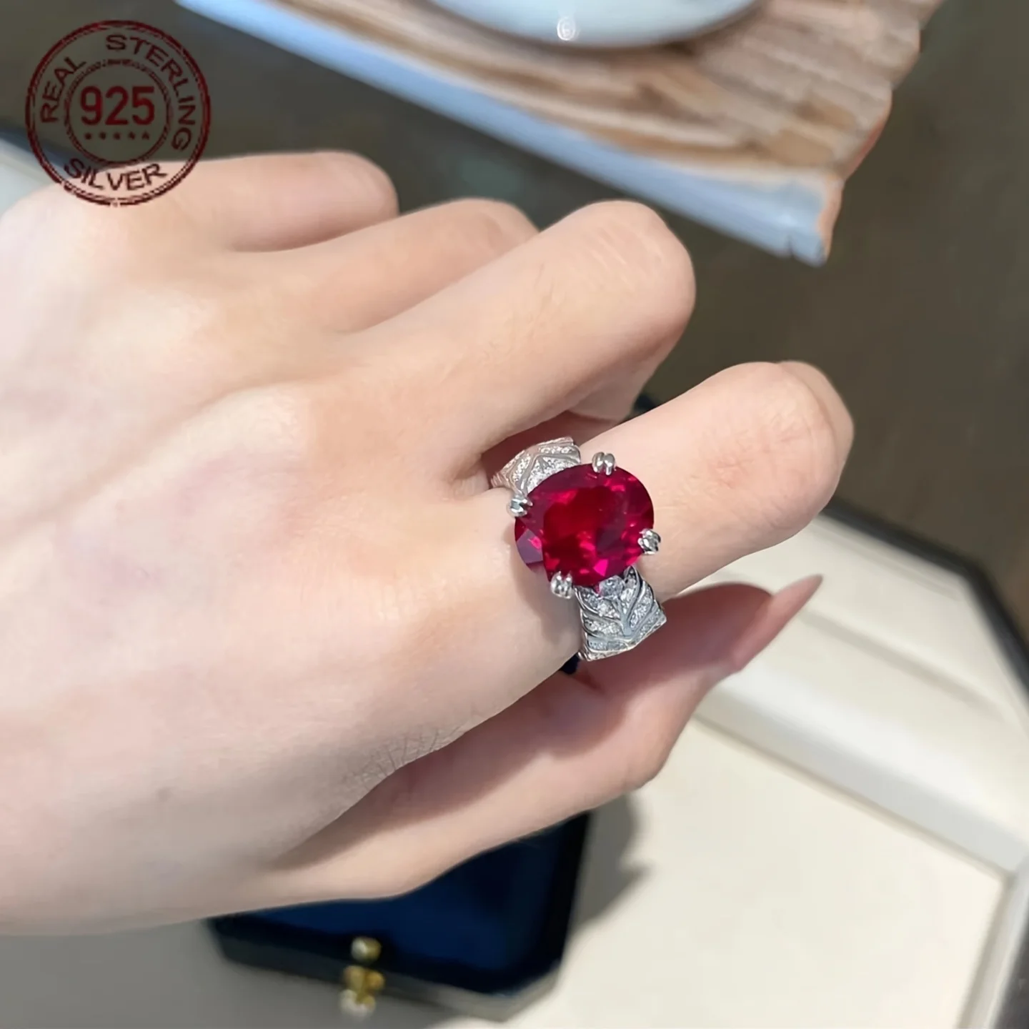 فاخر البيضاوي قطع 9.52CT مختبر روبي مع زركون 925 فضة خواتم للنساء خمر خاتم الزواج غرامة مجوهرات #4