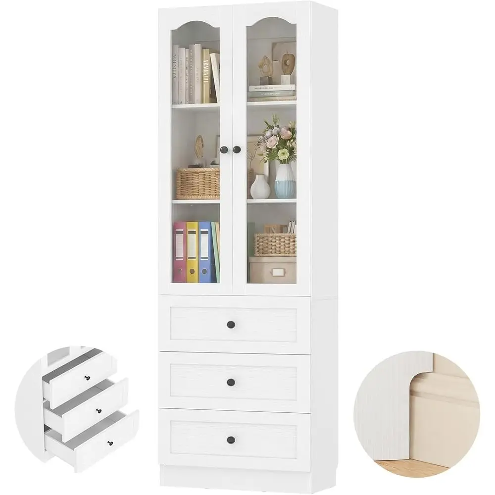 80 High 3-Shelf Glass-Door Bookcase, Adjustable Shelves, White (1 Pack)