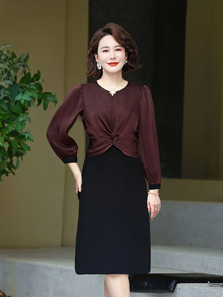 秋冬偽二枚ドレス女性 V ネックパッチワーク気質ファッション長袖ロングドレス