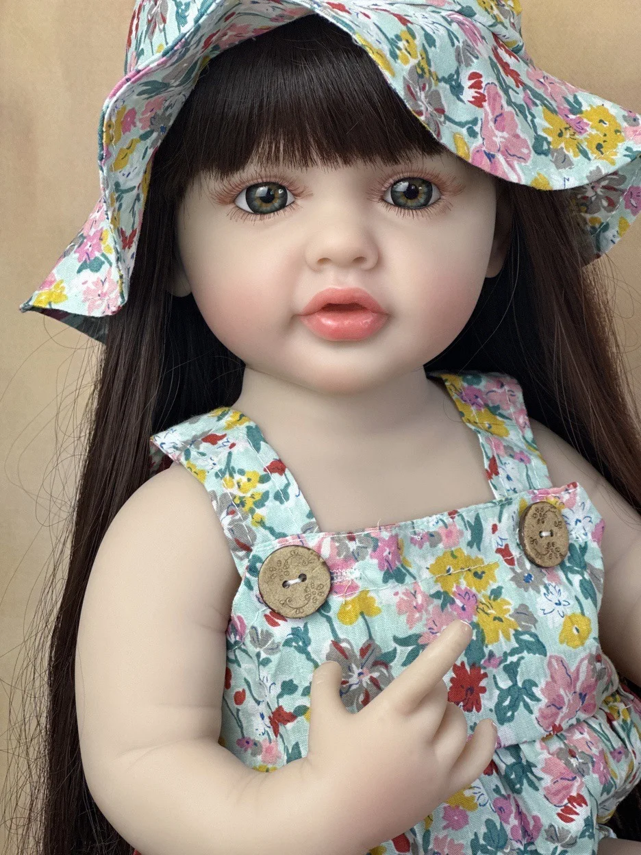 22Inch Cuddly Full Body Silicone Vinyl Bebe Reborn Girl With Long Hair Handmade Lifelike Realistic Reborn Baby Girl Birthday Toy