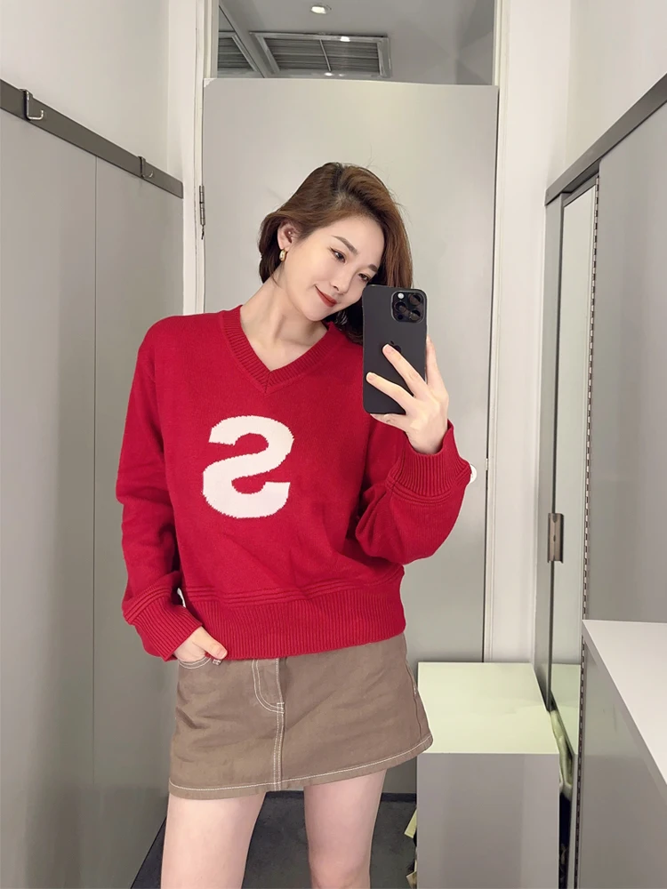 

Winter 2024 Women's Faion College Sle V-Ne Color Blo Letter Wool Knitwear Slimming Top Trendy Long Sve Crew Ne