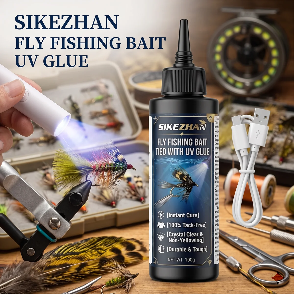 SIKEZHAN Crystal Clear UV Resin Set with Flashlight, Instant Cure Tack-Free Hard Glue for Fly Tying & Fishing Lures