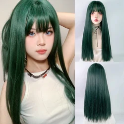 Synthetic Long Straight Dark Green Wigs with Bangs Natural Lolita Cosplay Fluffy Women Hair Wig for Daily Party