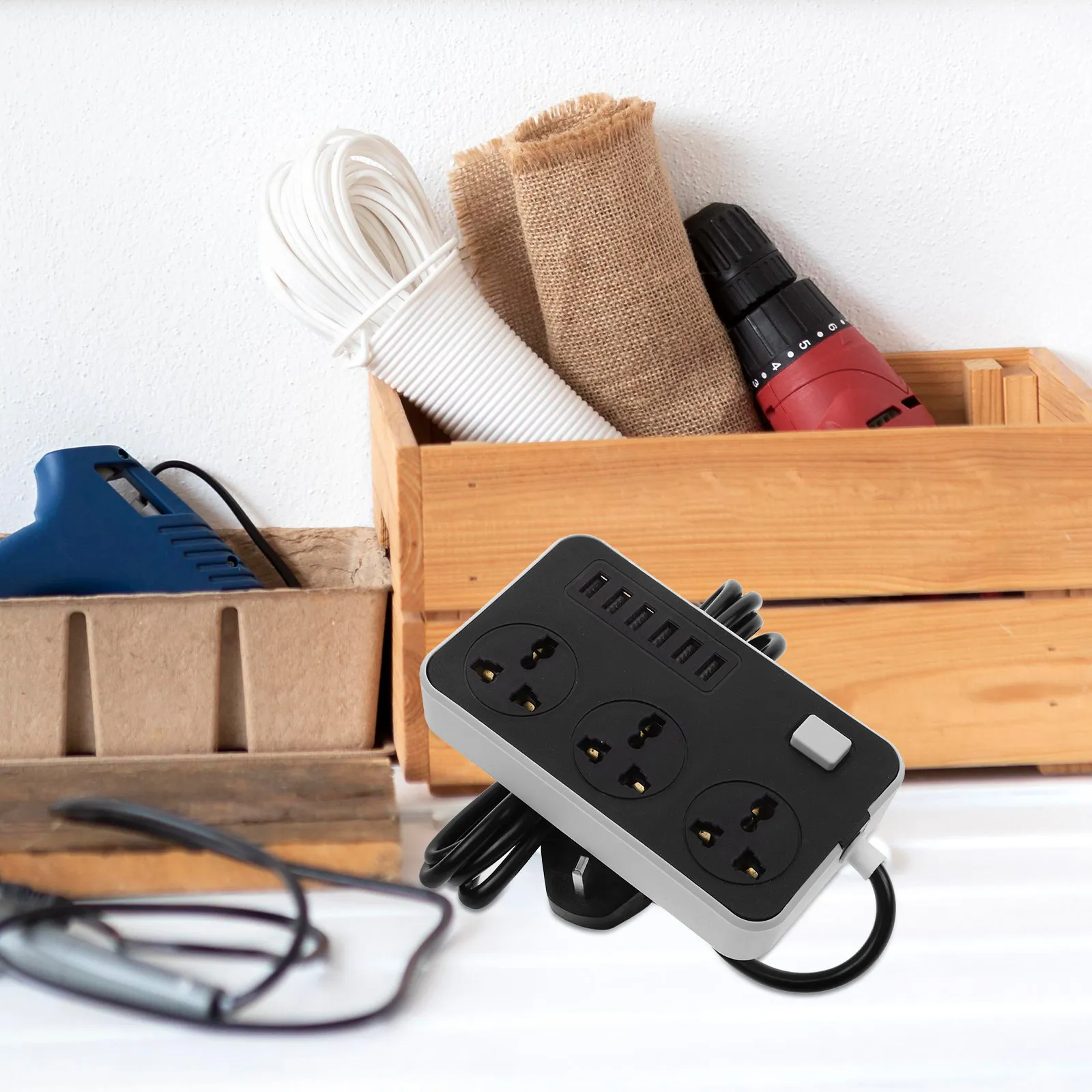 Portable Power Strip Board 3 Ac Sockets 4 USB Charging Ports Overload Protection Stable Vertical Stand Long Cable for Travel