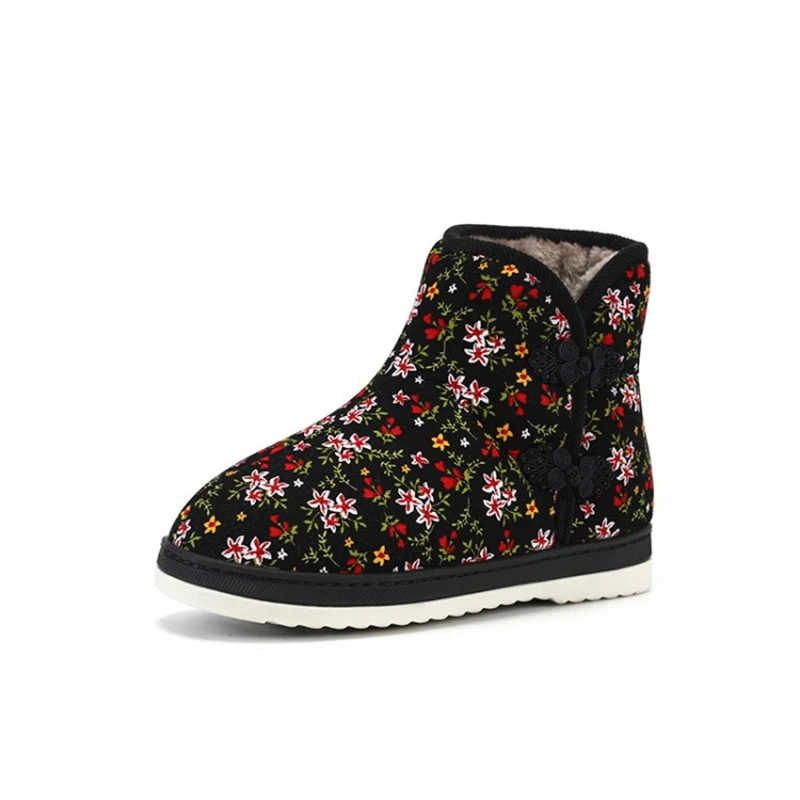 ASILETO Winter Warm High Top Sonw Boots Round toe Flat With Flock Button Floral Folk-custom Big size 38-45 Blue Red Casual T1159