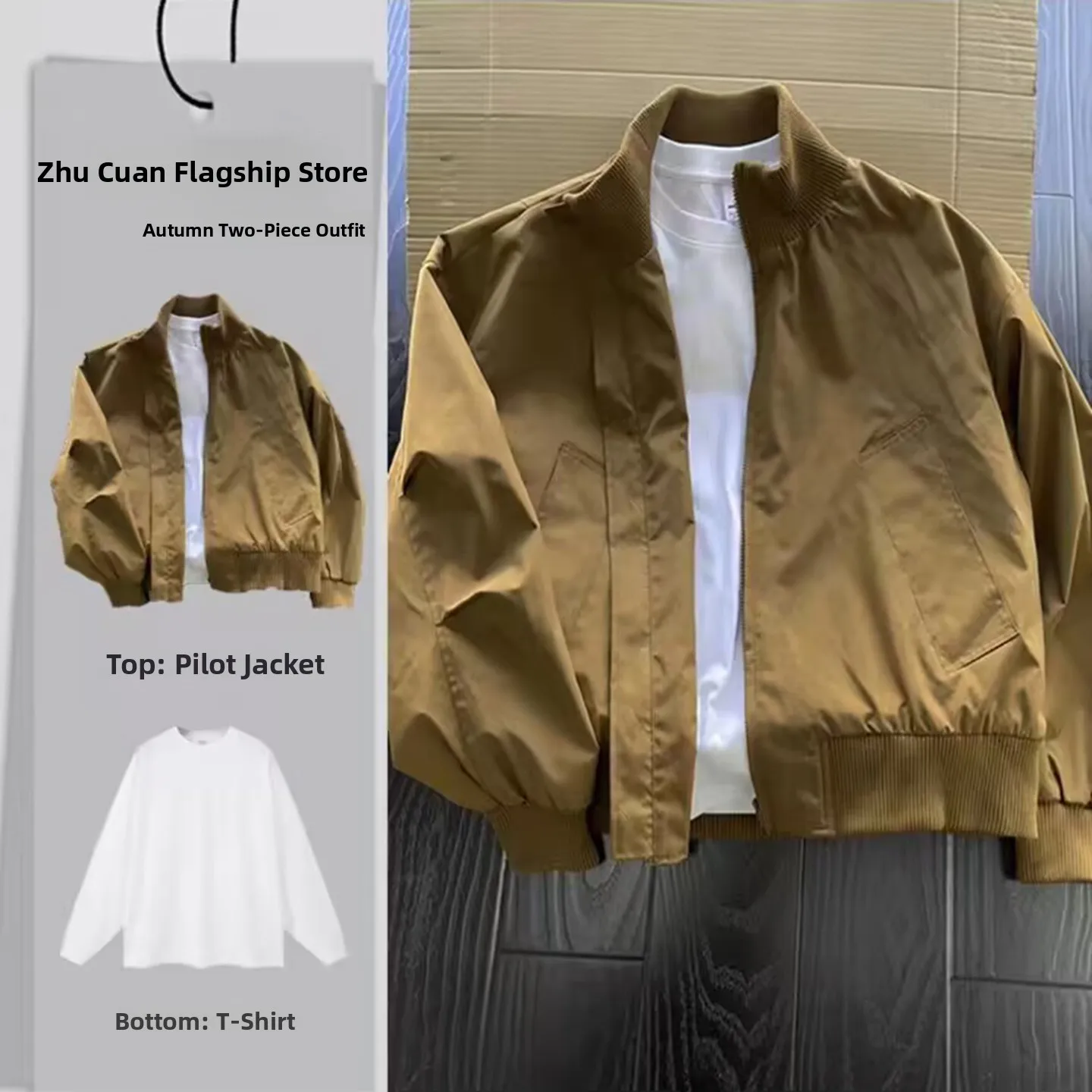 

Brown Stand Collar Pilot Jaet Men's ort Baseball Sle Autumn Outfit Cleanfit Silhouette Windproof American Sle Zipper ...