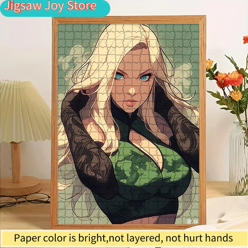 

Ino Yamanaka Paper Puzzle, Bold Naruto Anime Character Art of Blonde Beauty in Green Dragon-Print Crop Top with Black Lace Sleev