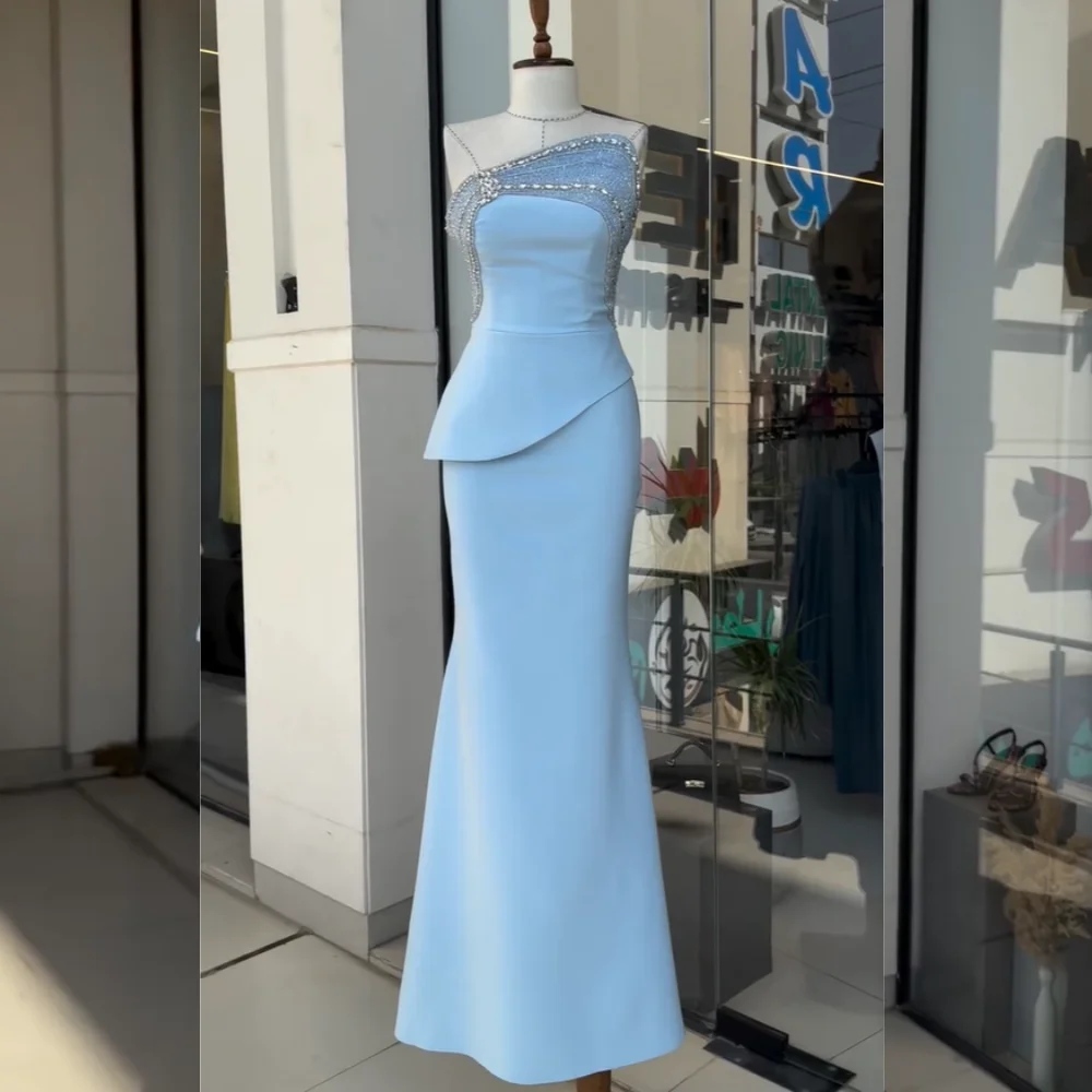

Customized High Quality Jersey Sequined Pleat Mermaid Strapless Long Dresses Bespoke Occasion Chinese Style