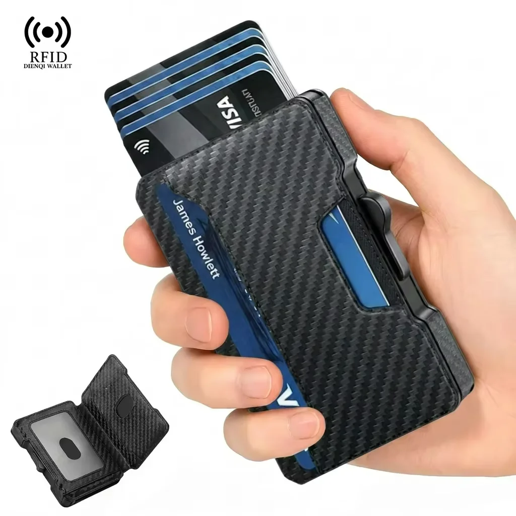RFID Blocking Carbon Fiber Wallet for Men Slim Pop Up Credit Card Holder Minimalist Aluminum Metal Wallet Business ID Card Case