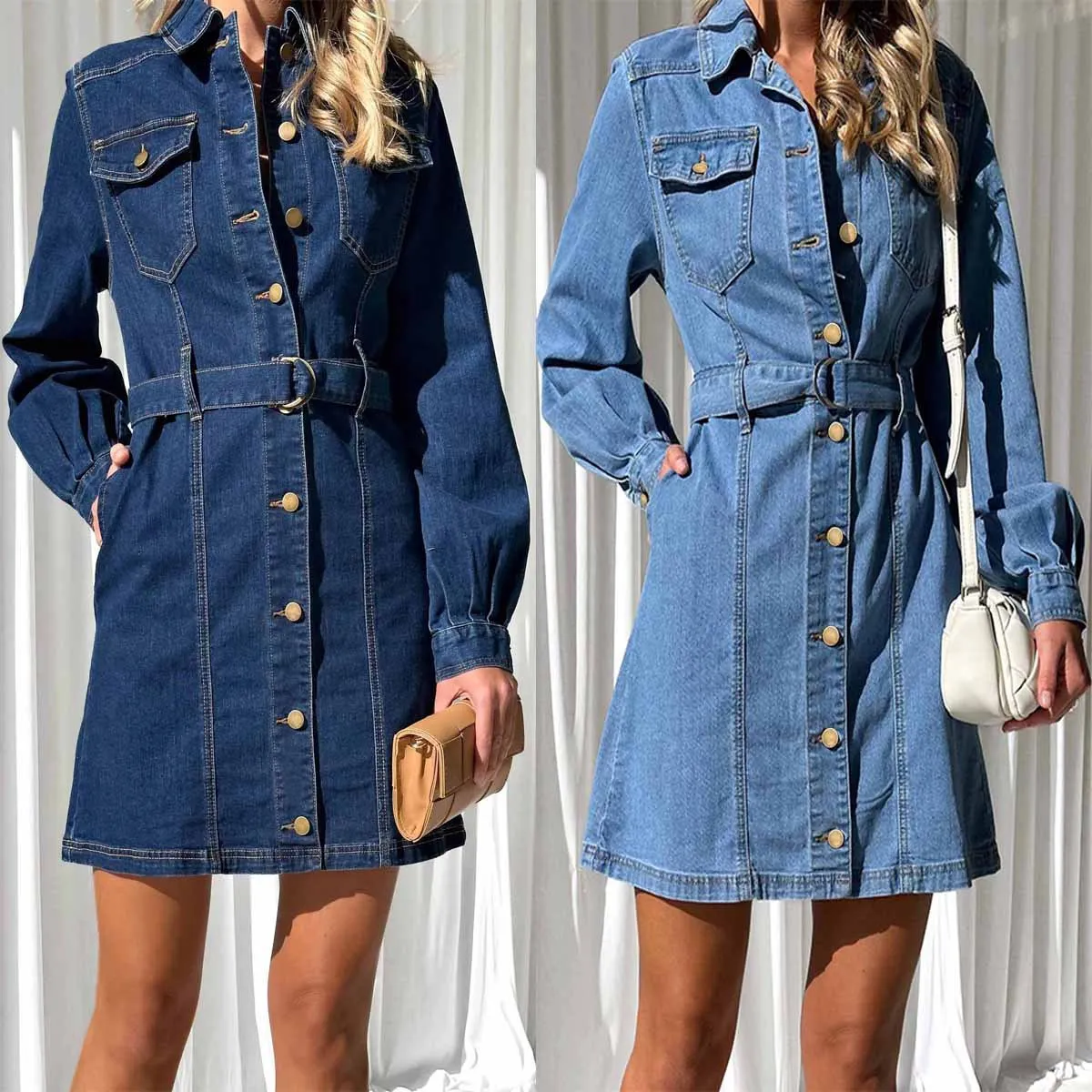 Streetwear Denim Dress Women Vestidos Single Breasted Turn Down Collar 2024 Autumn Vintage Dresses Tight Waist Sashes A Line