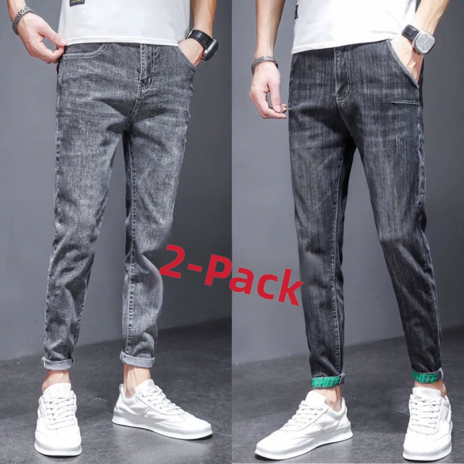 

Мужские джинсы слим-фит, эластичные, модные, осенне-зимние, джинсовые брюки со средней высотой талии, укороченные, повседневные, длинные брюки для молодежи