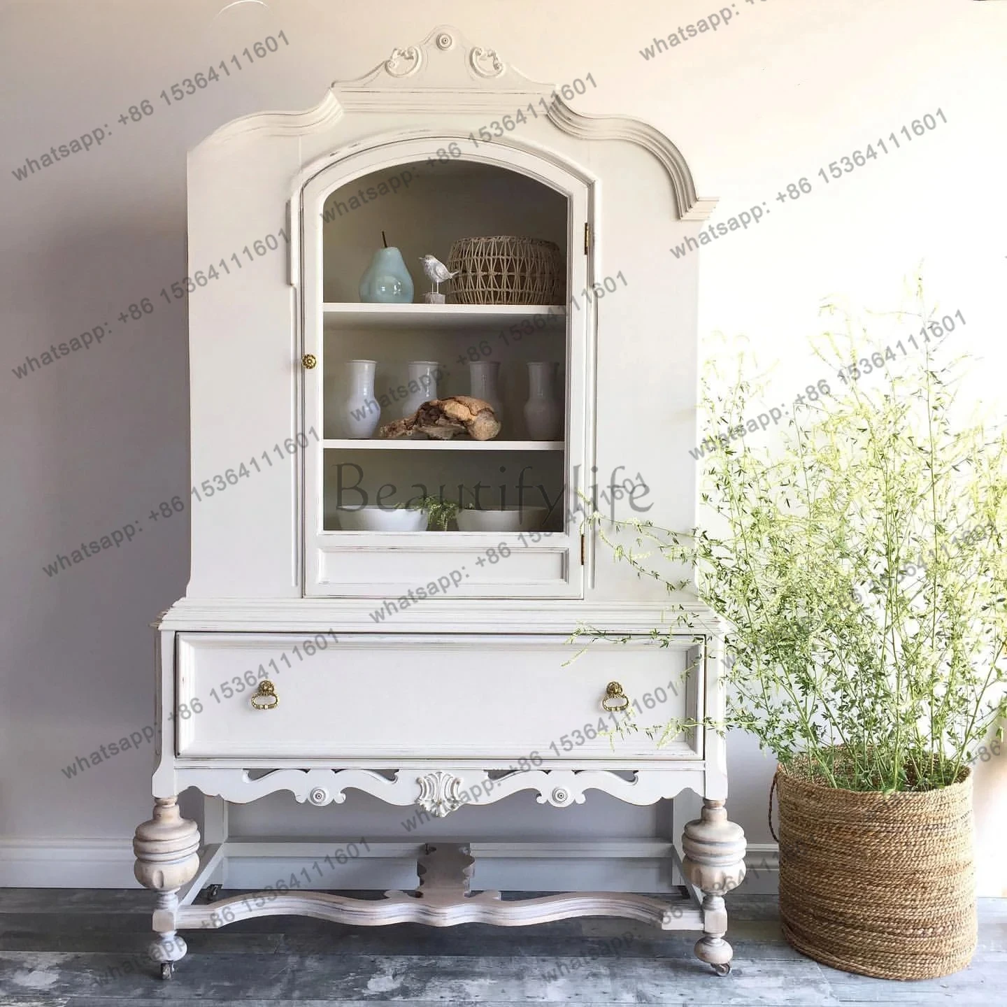 

French retro solid wood dining side cabinet American living room wall large storage cabinet