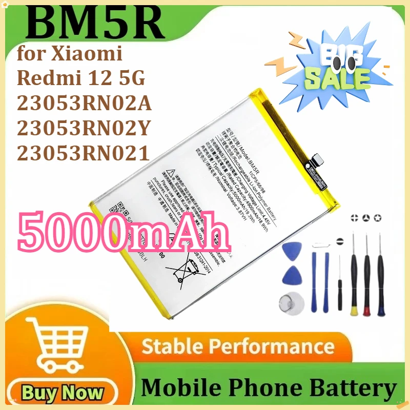 

New Battery BM5R for Xiaomi Redmi 12 5G/ 23053RN02A/23053RN02Y/ 23053RN021 Mobile Phone Replacement Batteries 5000mAh+Tools