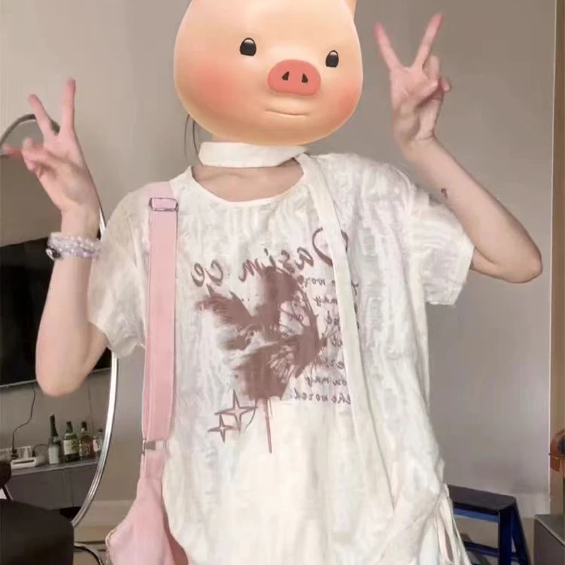 Women Y2K Aesthetic Casual Drawstring Tees Summer Harajuku Letter Butterfly Print Grunge T-Shirts Loose Streetwea Oversized Tops