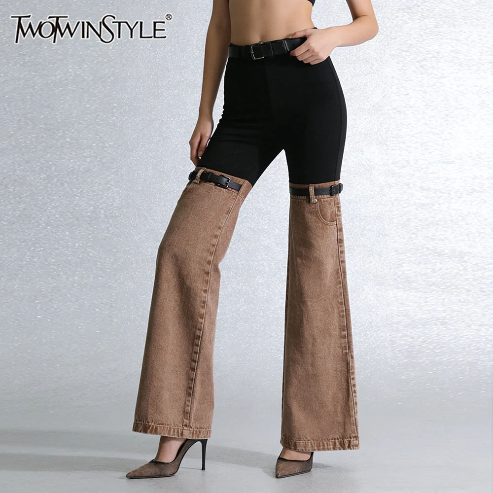 TWOTWINSTYLE Edgy Outings Two Tone Design Flared Pants for Women High Waist Slimming Buckle Accent for Themed Music Festivals
