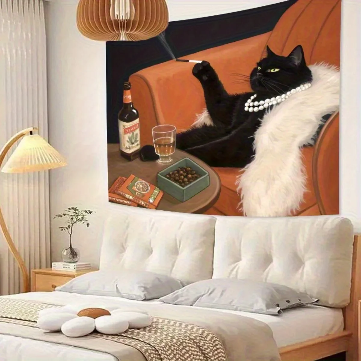 2D Flat,1pc Printed Tapestry, Luxury Black Cat Relaxing on Sofa Pattern, Wall Decor, for Living Room,Bedroom