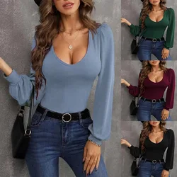 Tops y blusas ajustados de manga larga con cuello de pico profundo para mujer, blusa lisa de oficina para otoño e invierno 2023