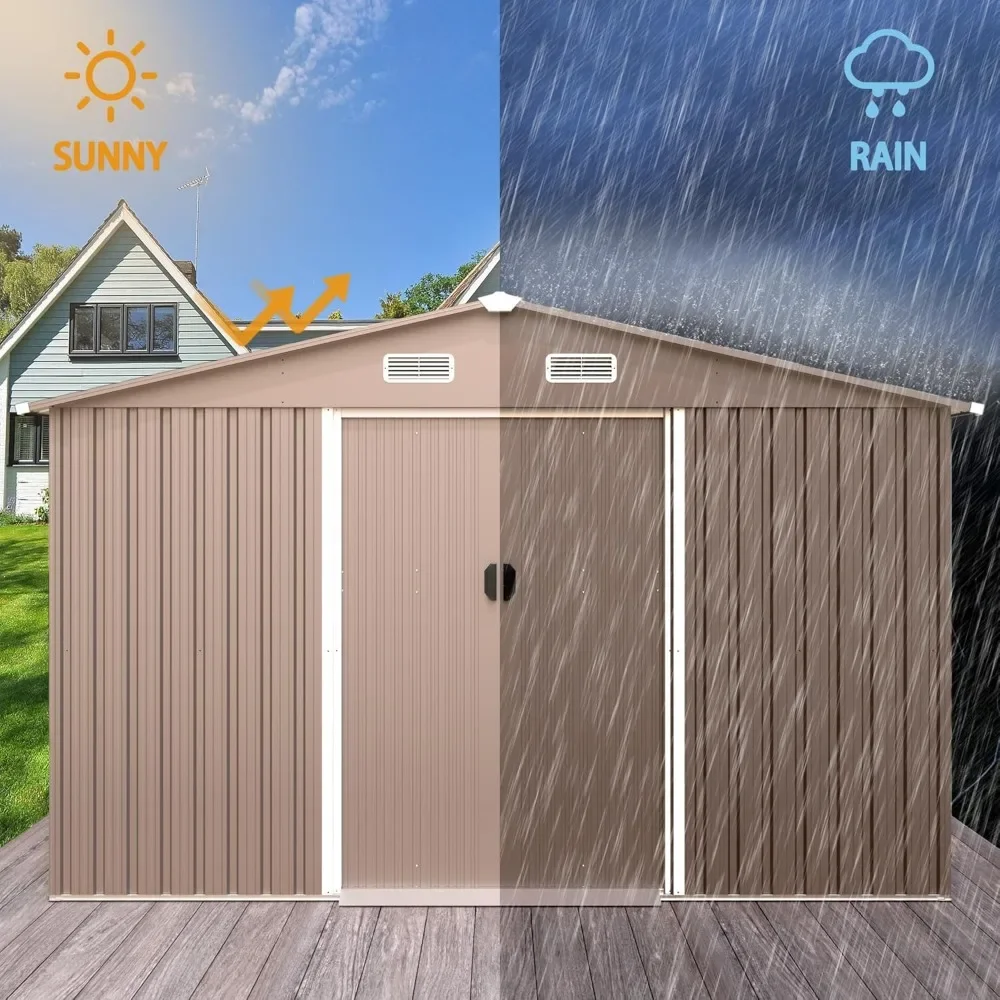 سقيفة تخزين خارجية 10 × 8 أقدام مع نافذة، سقيفة أدوات معدنية كبيرة مع باب قابل للقفل وسقف منحدر مقاوم للمطر، سقيفة حديقة للظهر