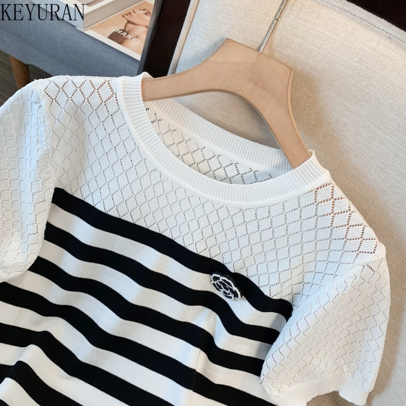 Thin Ice Silk Knit T-shirt Short Sleeve Sweater Women 2024 New Summer Chic Black Whiter Striped Tshirts Hollow Out Knitwear Tops