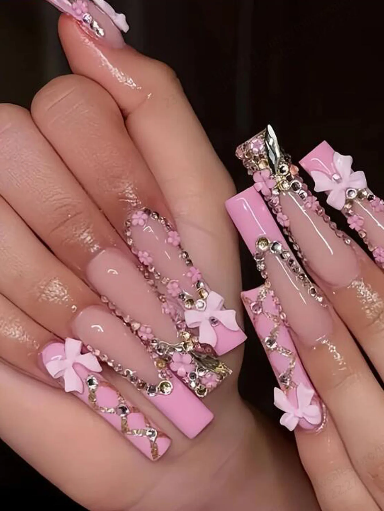 12 rejillas/caja 3D de resina con lazo, corazón de amor, dijes para uñas, pajarita blanca rosa mezclada, flores de perlas, decoraciones artísticas para uñas, suministros para uñas DIY