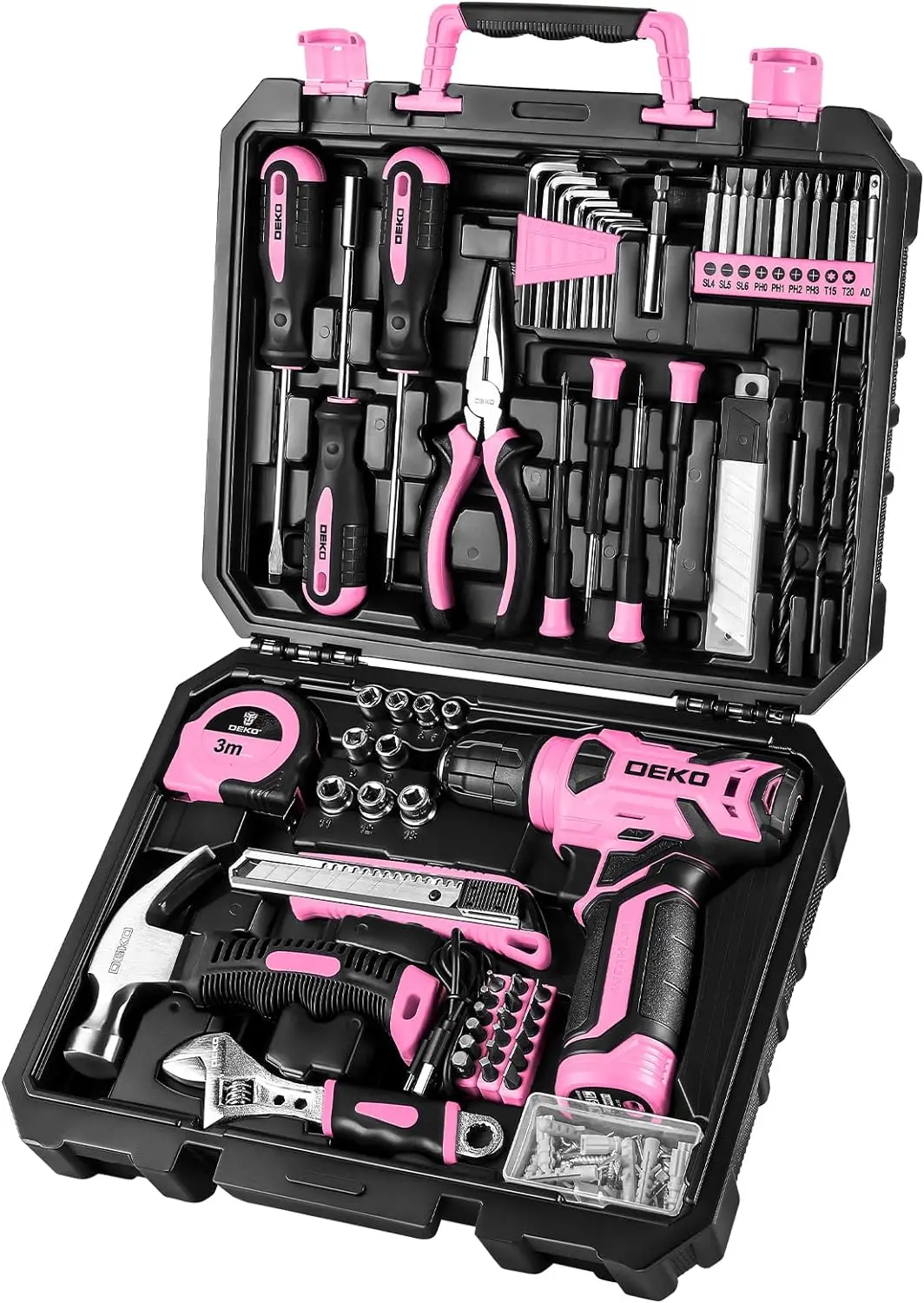 

Drill Set: Tool Set with 8V Pink Cordless Drill Home Tool Kit with Drill, Hand Tool Kits for Women 126 Piece