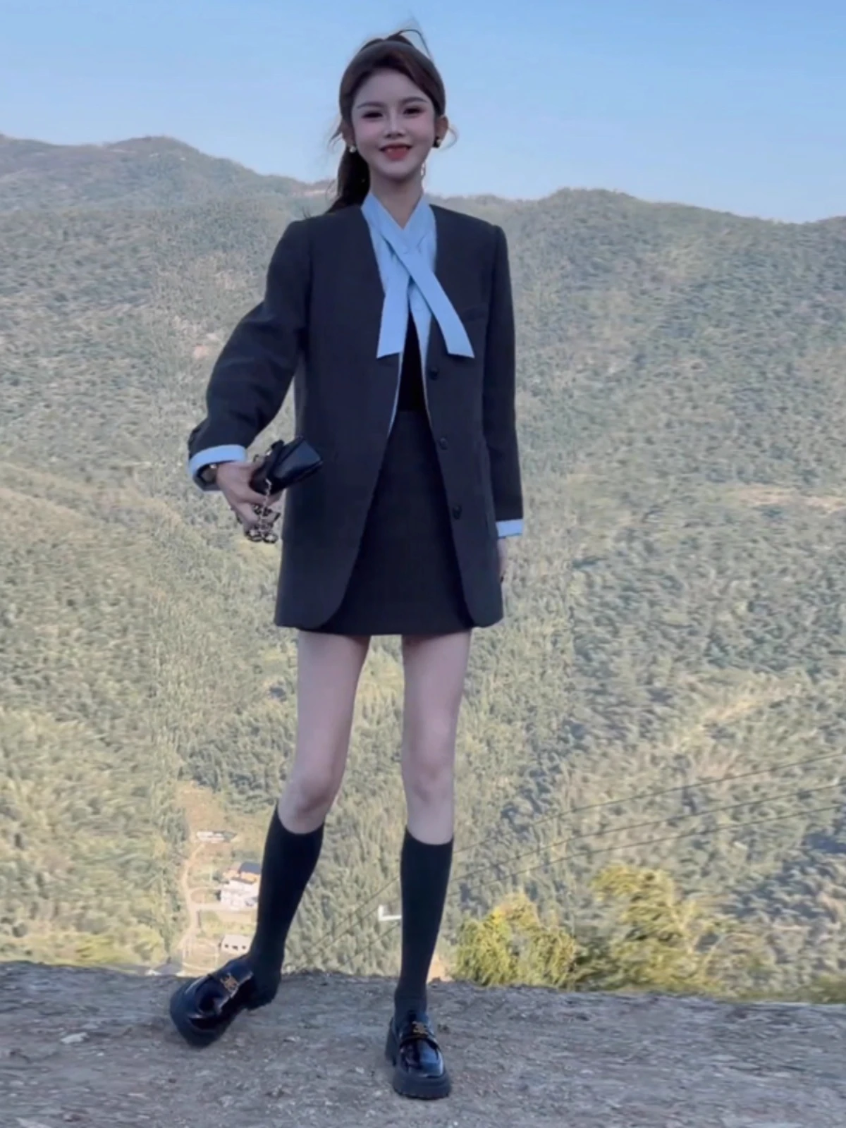 

Корейский осенний модный комплект: юбка с высокой талией и пиджак, комплект из двух предметов, элегантный дизайн с элементами пэчворка, средней толщины.