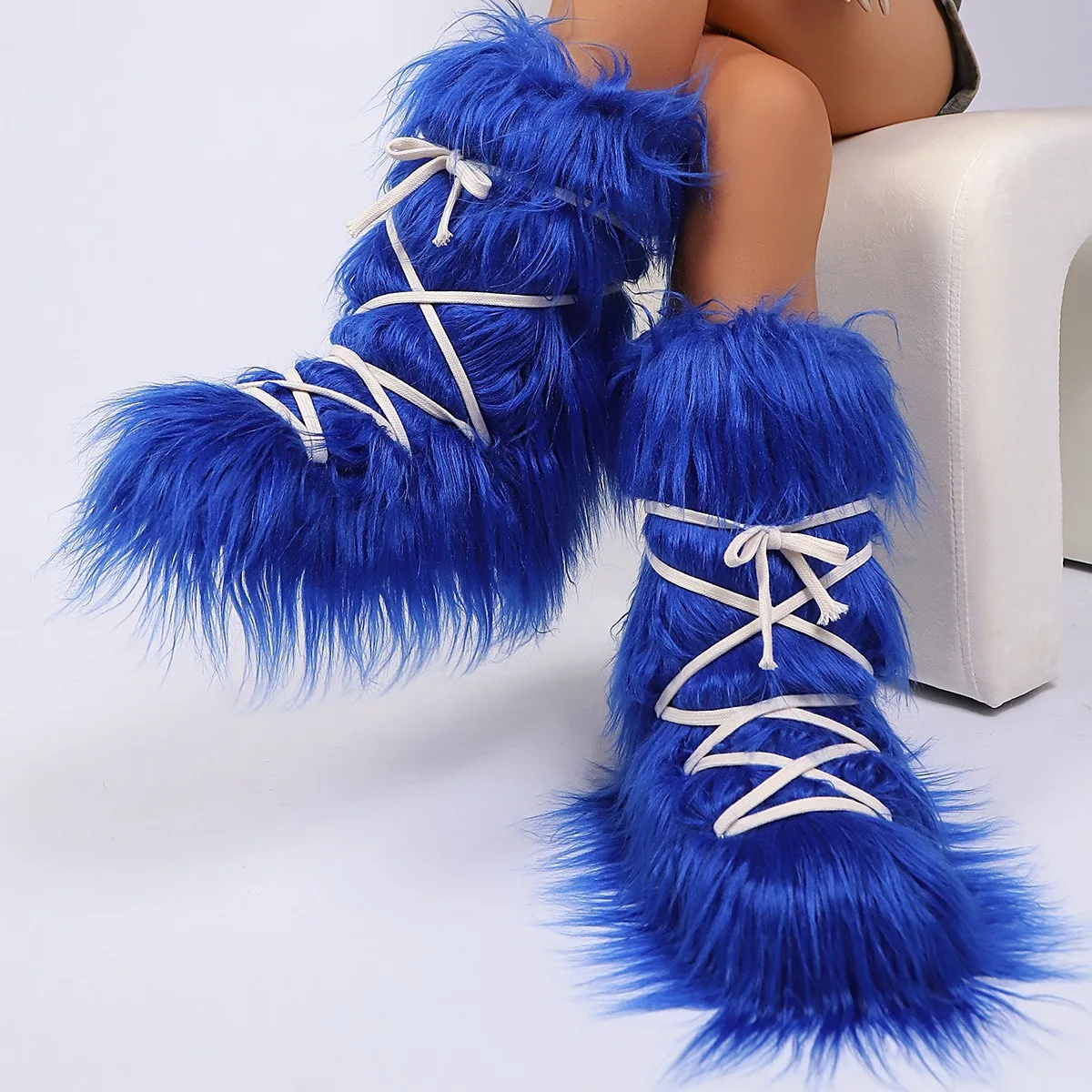Women Shaggy Faux Fur Snow Boots Y2K Fluffy Long Plush Mid Calf Boots Ladies Lace Up Winter Fashion Party Cosplay Shoes