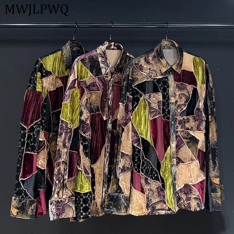 

MWJLPWQ 2025 New Lapel Casual Shirt Men Spliced Design Streetwear Trendy Loose Long Sleeve Turn-down Collar Tops Autumn 11090