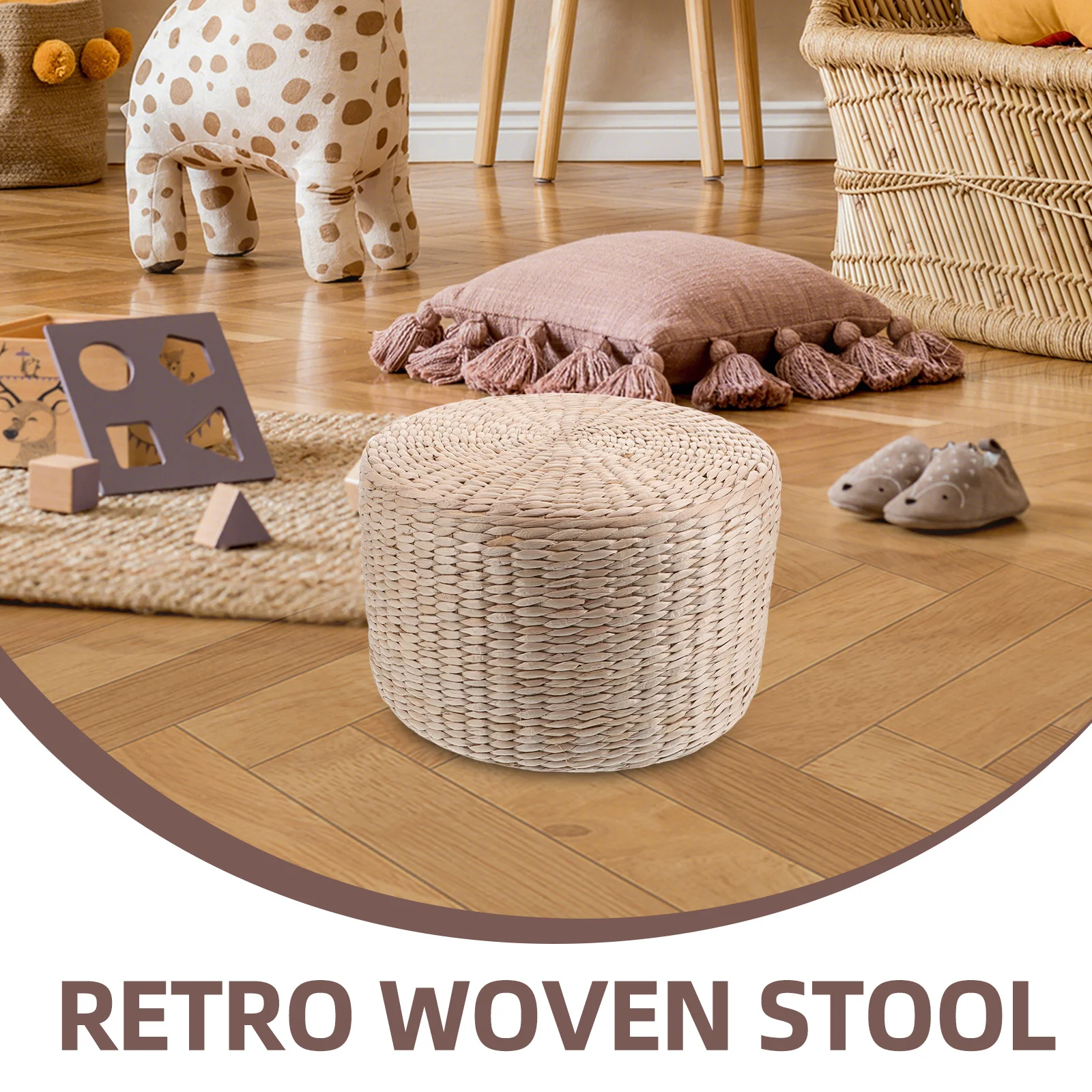 Japanese Style Woven Straw Footstool Kids Round Stool Handmade Lightweight Floor Cushion Yoga Mat Retro Decorative Accent Stool