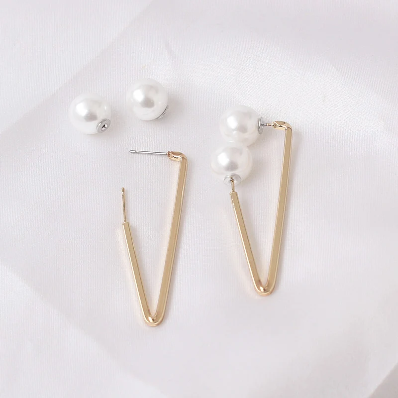 Detachable Imitation Pearl Stud Earrings Gold Color Metal Geometric Side Square Round Women\'s Earrings New Year Gitfs boucles