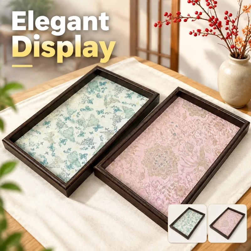 Rectangular Wooden Tray Chinese Style Gold-Sprinkled Fabric 3D Jewelry Display Tray Desktop Storage Tray for Trinkets Dresser
