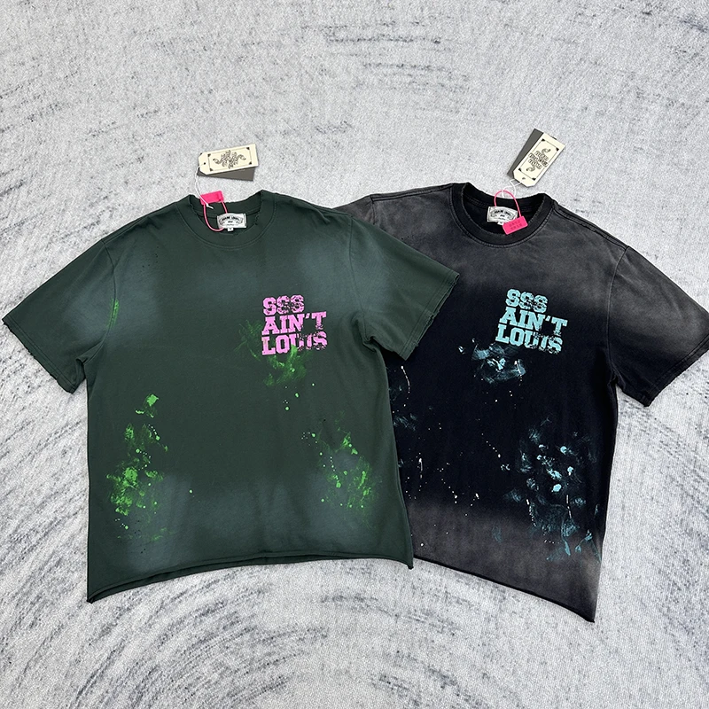 Retro Washed Handmade Destroyed Letter Print Loose Fit Short Sleeve T-Shirt Hip Hop Style Casual Youthful Summer Trendy Top