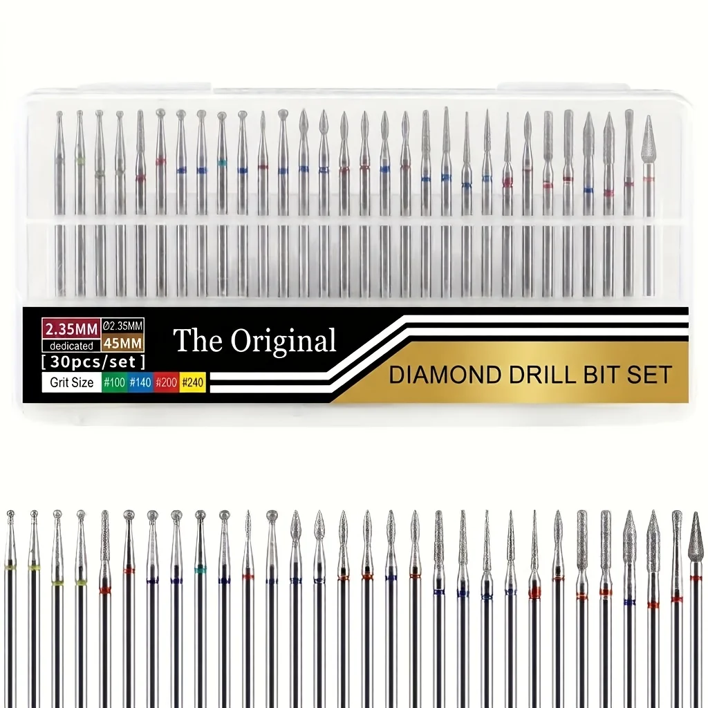 Professional Safety Diamond Nail Drill Bit Set, 3/32 inch Carbide Cuticle Bits for Electric Manicure and Pedicure, 30 Pieces